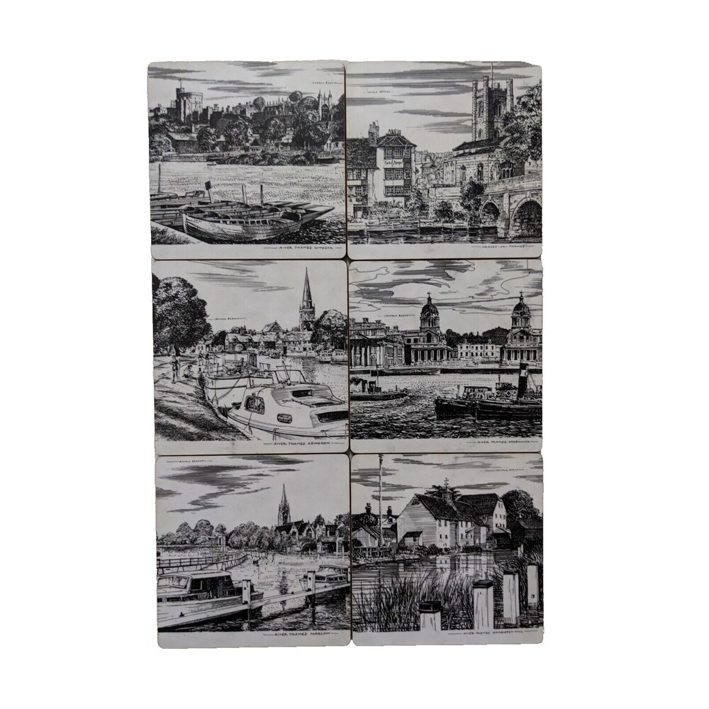 Vintage River Thames England Melamine Coaster Set of 6 Black & White Souvenir